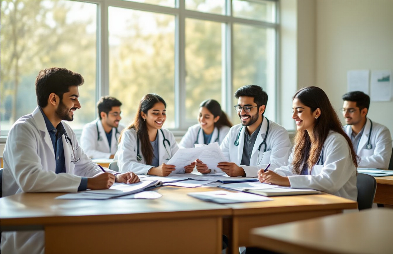 Create a realistic image of a diverse group of South Asian male and female medical students in white coats sitting at wooden desks in a bright, modern classroom, with some students looking relieved and happy while reviewing scholarship documents and financial aid papers spread on their desks, warm natural lighting streaming through large windows, academic atmosphere with medical textbooks and stethoscopes visible on desks, hopeful and encouraging mood, absolutely NO text should be in the scene.