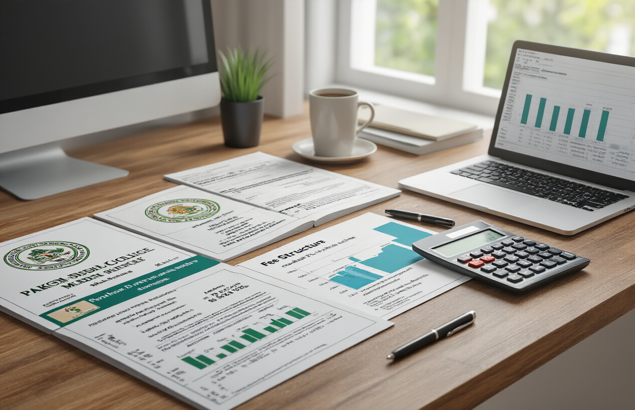 Create a realistic image of multiple Pakistani medical college brochures and documents spread across a wooden desk surface, featuring colorful institutional logos and fee structure charts with bar graphs comparing tuition costs, alongside a calculator, pen, and laptop computer displaying spreadsheet data, in a bright modern office setting with natural lighting from a window, showing an organized comparison study setup. Absolutely NO text should be in the scene.