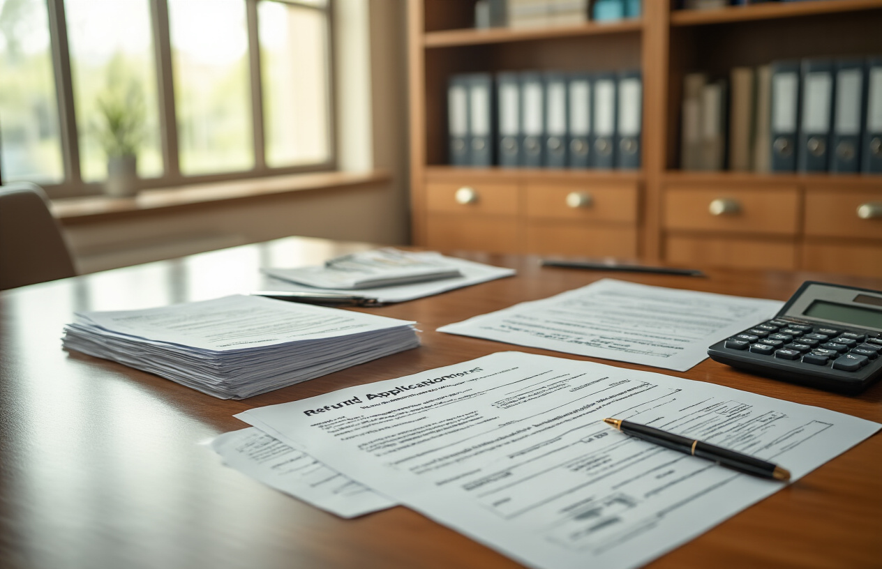 Create a realistic image of a modern office setting with official documents and paperwork spread across a polished wooden desk, featuring refund application forms, withdrawal request papers, and financial documents with a calculator and pen nearby, set in a professional administrative office with filing cabinets and bookshelves in the background, soft natural lighting from a window, conveying a formal business atmosphere related to educational financial procedures, absolutely NO text should be in the scene.