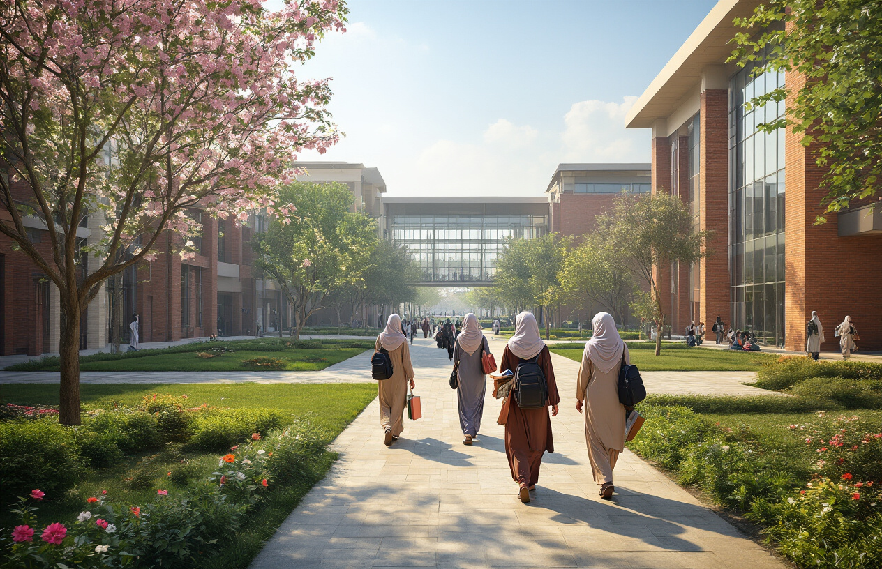 Create a realistic image of a modern university campus courtyard with Pakistani female students wearing hijabs and traditional shalwar kameez walking between academic buildings, carrying books and backpacks, with lush green landscaping, flowering trees, contemporary architecture featuring glass and brick facades, multiple department buildings visible in the background, bright daylight with soft shadows, peaceful academic atmosphere, and absolutely NO text should be in the scene.