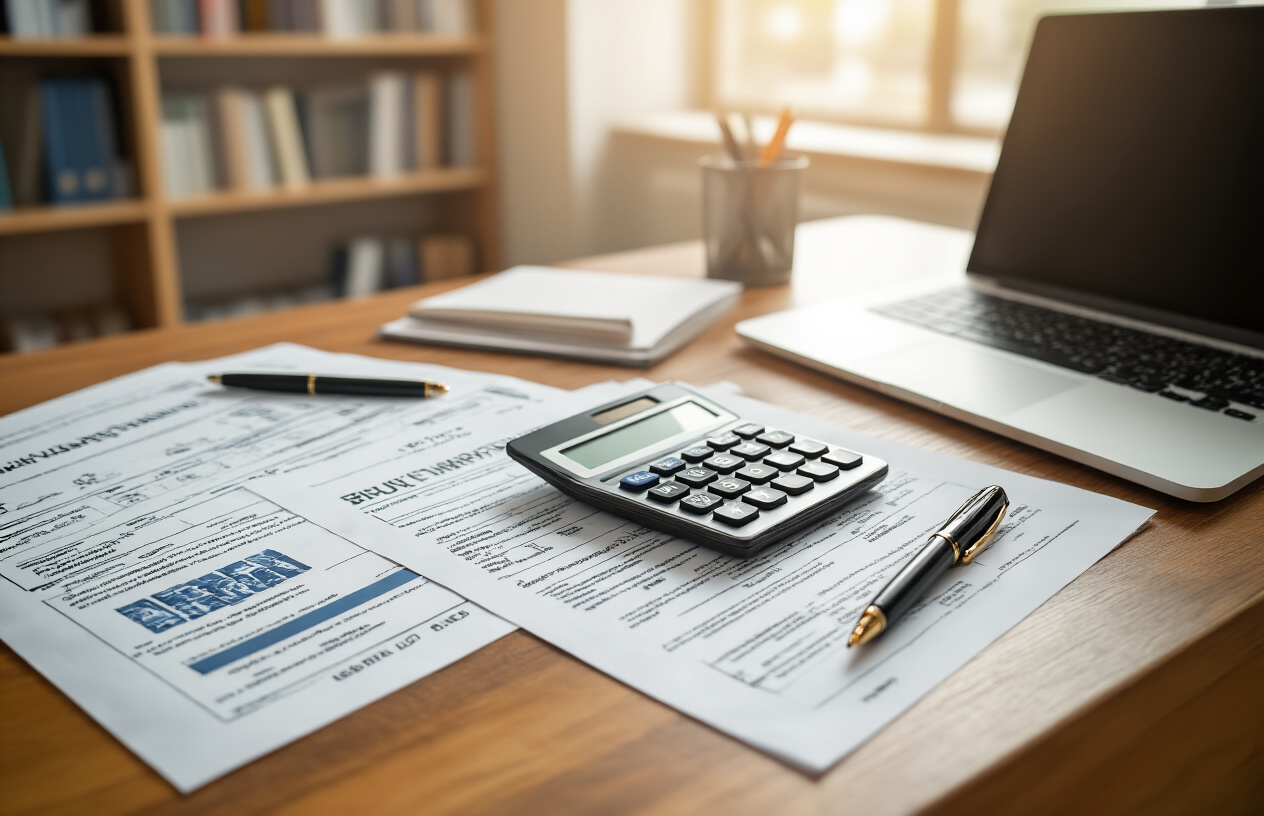 Create a realistic image of a clean, organized desk scene featuring financial documents, calculator, laptop computer, pen, and official university papers scattered across a wooden surface, with a warm office lighting atmosphere, professional academic setting with bookshelves in the soft-focused background, emphasizing financial planning and educational cost analysis, absolutely NO text should be in the scene.