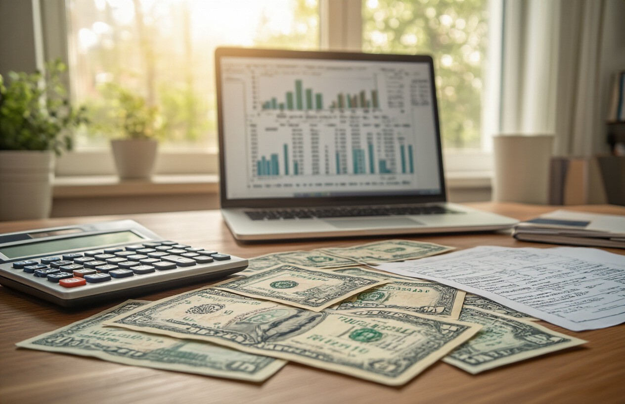 Create a realistic image of a wooden desk with scattered Pakistani rupee banknotes, calculator, and receipts representing various university expenses like accommodation bills, meal plan invoices, textbook costs, and transportation vouchers, with a laptop displaying a spreadsheet in the background, warm natural lighting from a window, and a neutral office or study room setting, absolutely NO text should be in the scene.