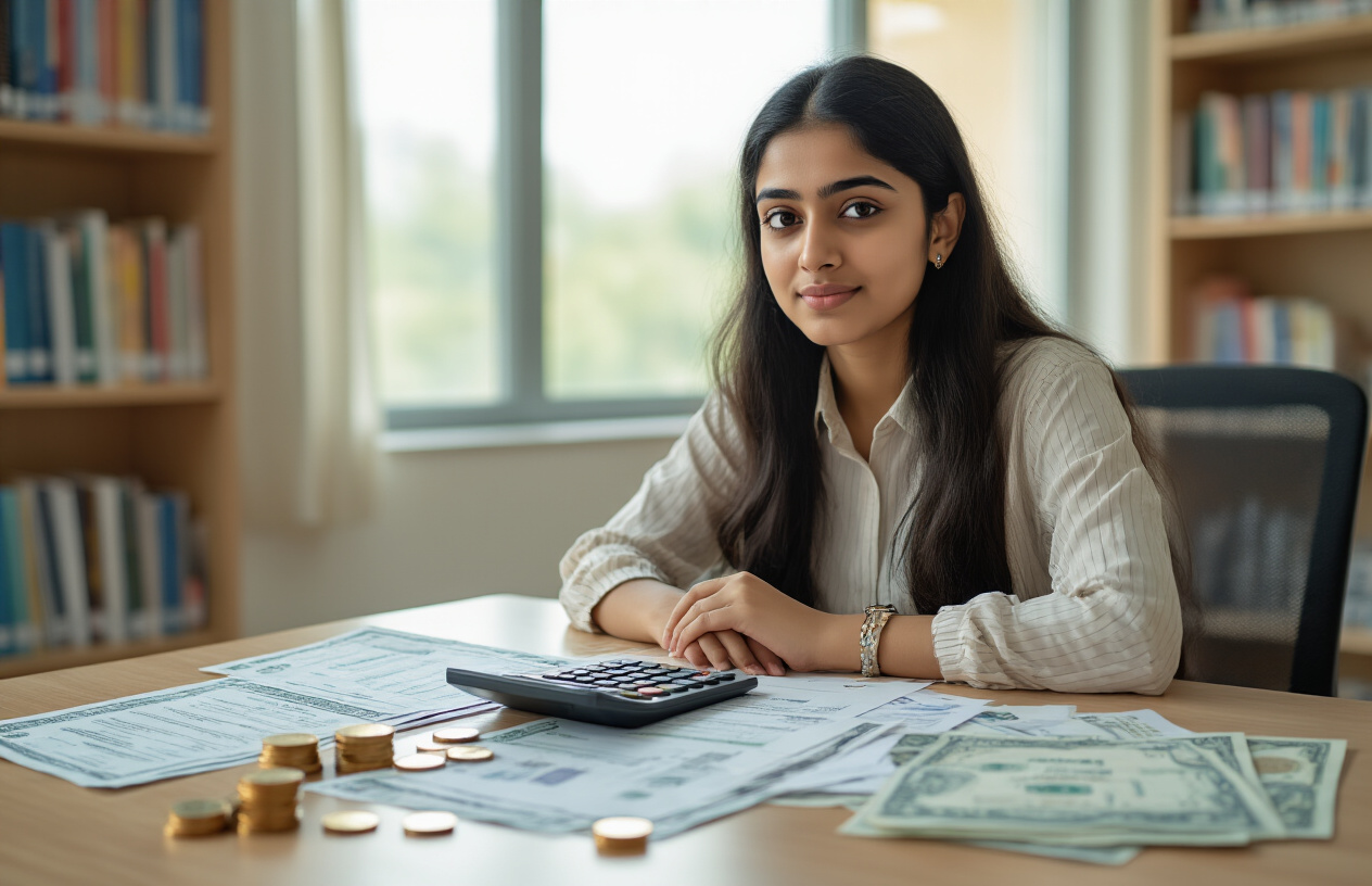 Create a realistic image of a South Asian female student sitting at a desk with financial documents, scholarship application forms, and a calculator spread out before her, with Pakistani rupee notes and coins visible on the desk, in a bright university office setting with bookshelves in the background, natural lighting from a window, conveying hope and opportunity, absolutely NO text should be in the scene.