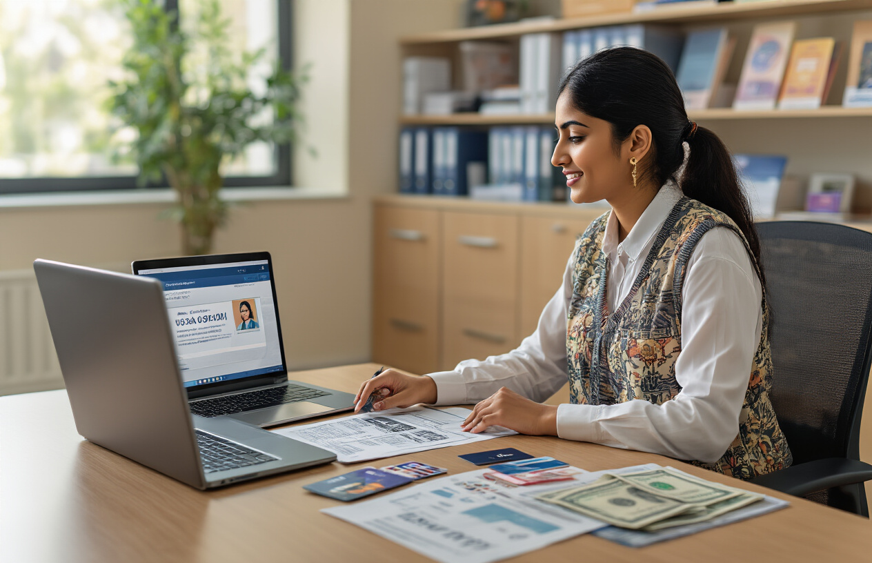 Create a realistic image of a modern university payment office interior with a South Asian female student sitting at a desk across from a South Asian female administrative staff member, showing various payment options including a laptop displaying online payment portal, credit cards, cash, and bank transfer documents spread on the desk, with a clean professional office setting featuring filing cabinets and university brochures in the background, warm natural lighting from a window, conveying a helpful and organized atmosphere. Absolutely NO text should be in the scene.