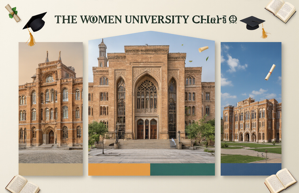 Create a realistic image of a modern comparison chart or infographic display showing multiple university buildings from Punjab arranged side by side, with The Women University Multan's distinctive architecture prominently featured alongside other prestigious Pakistani universities, set against a clean academic background with subtle educational elements like graduation caps and books scattered around, captured in bright daylight with professional lighting that emphasizes the institutional grandeur and academic excellence, absolutely NO text should be in the scene.