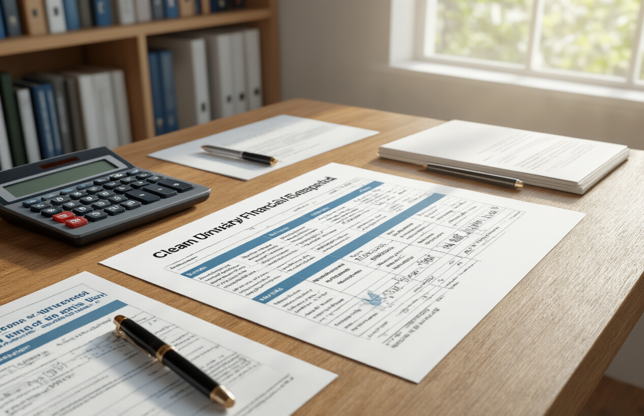 Create a realistic image of a clean, organized financial document or spreadsheet displaying multiple rows and columns with numerical data, sitting on a modern wooden desk surface, with a calculator, pen, and some official university documents scattered nearby, soft natural lighting from a window, professional academic office environment with bookshelves visible in the background, absolutely NO text should be in the scene.