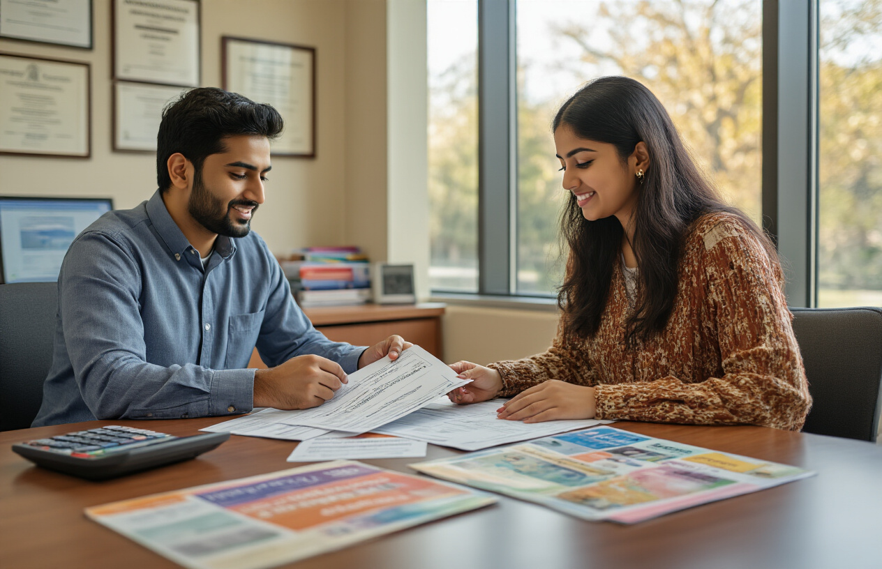 Create a realistic image of a modern university financial aid office with a South Asian male financial advisor sitting at a clean desk across from a young South Asian female student, both reviewing documents and payment plan brochures spread on the desk, with a calculator, laptop, and colorful informational pamphlets visible, warm natural lighting streaming through large windows, professional yet welcoming atmosphere with university diplomas and certificates on the wall in the background, absolutely NO text should be in the scene.