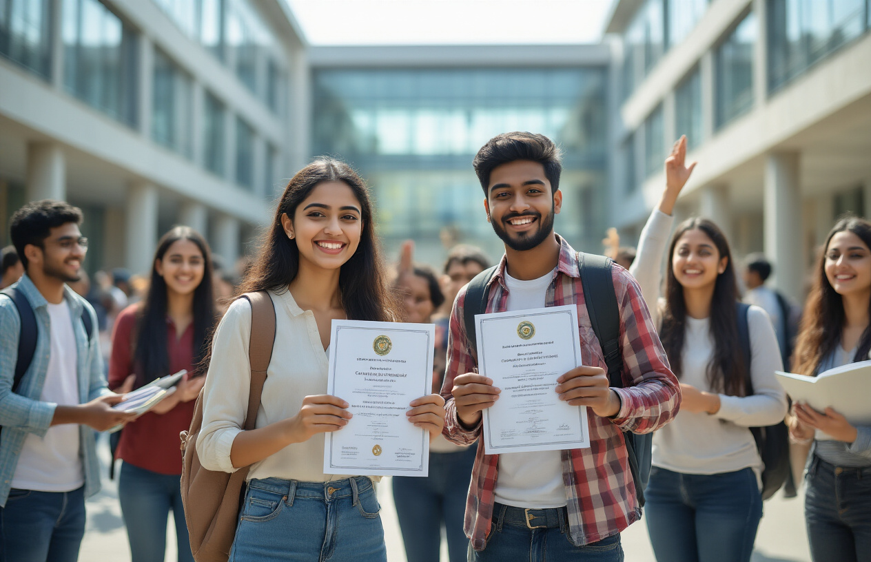 Create a realistic image of a diverse group of South Asian students celebrating in a modern university setting, with a white female student and a black male student holding scholarship certificates or award documents, surrounded by other happy students of various ethnicities, all wearing casual academic attire, standing in front of a contemporary university building with glass facades and modern architecture, bright natural daylight creating an optimistic and hopeful atmosphere, with some students raising their hands in celebration and others showing relieved expressions, books and laptops visible in the background suggesting academic achievement, Absolutely NO text should be in the scene.