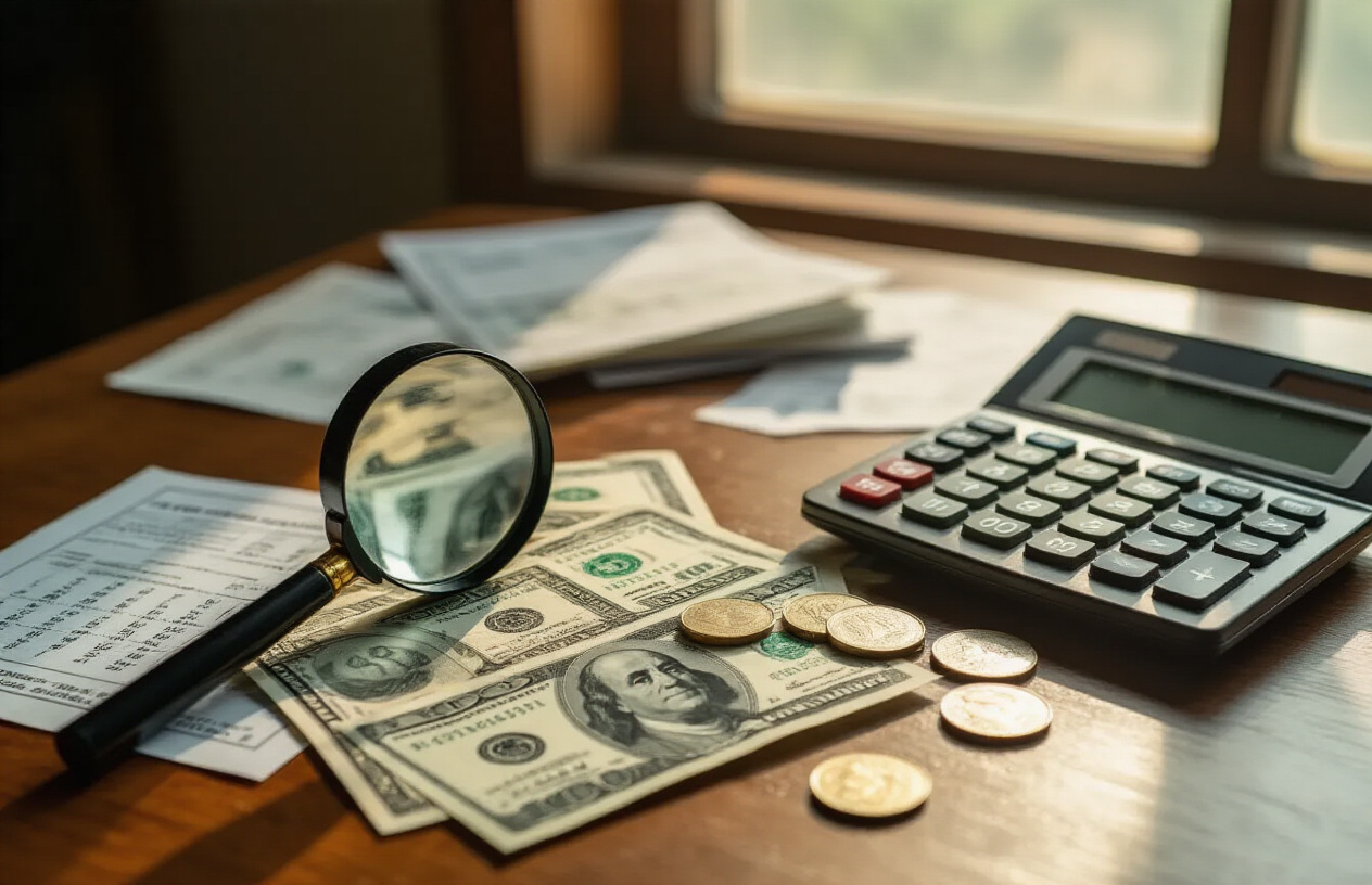 Create a realistic image of scattered Pakistani rupee notes and coins spread across a wooden desk surface alongside opened bills, receipts, and calculator, with a magnifying glass highlighting small print on financial documents, soft natural lighting from a window creating shadows that suggest uncovering hidden information, warm indoor lighting, professional office atmosphere conveying the concept of discovering additional expenses beyond obvious costs, absolutely NO text should be in the scene.