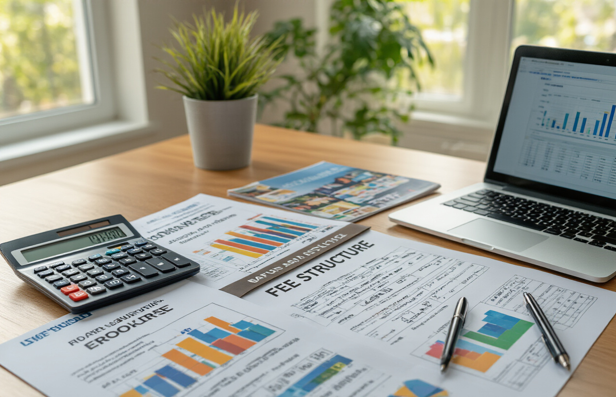 Create a realistic image of a modern office desk with multiple university brochures and fee structure documents spread across the surface, a calculator displaying numbers, a laptop computer showing a spreadsheet with comparative data columns, colorful bar charts and graphs on printed papers, a pen resting on financial documents, warm natural lighting from a window, professional academic atmosphere with neutral background, absolutely NO text should be in the scene.