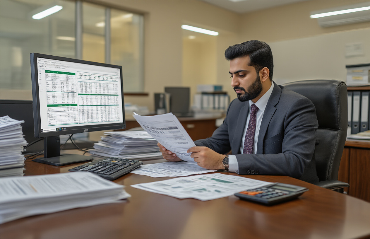 Create a realistic image of a modern university administrative office with a Pakistani male administrator in business attire sitting at a polished wooden desk reviewing financial documents and fee charts, with a computer monitor displaying spreadsheets, stacks of official university papers, calculators, and filing cabinets in the background, professional indoor lighting with warm fluorescent overhead lights, clean and organized academic environment with neutral beige and white color scheme, absolutely NO text should be in the scene.