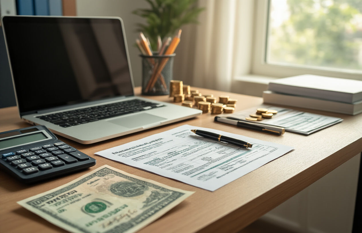 Create a realistic image of a clean, modern office desk with organized financial documents, calculator, laptop computer, Pakistani rupee banknotes, coins, and a pen laid out systematically, soft natural lighting from a window, professional academic atmosphere with university-related materials visible in the background, warm and organized mood suggesting financial planning and education costs analysis, absolutely NO text should be in the scene.