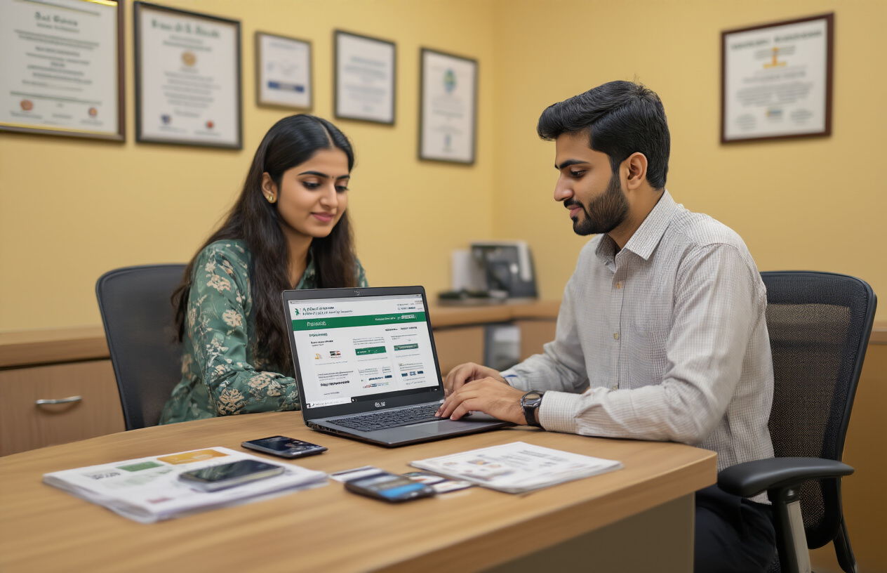 Create a realistic image of a modern Pakistani university office setting with a young South Asian female student sitting at a desk across from a South Asian male administrative staff member, both looking at a laptop screen displaying payment options, with visible credit cards, bank documents, and a smartphone showing a mobile banking app on the desk, warm office lighting with university certificates on the wall in the background, professional and helpful atmosphere, absolutely NO text should be in the scene.