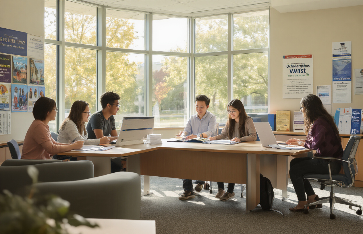 Create a realistic image of a bright, welcoming university financial aid office with a diverse group of students including white female, black male, and Asian female students sitting at a modern consultation desk with a professional university advisor, scholarship certificates and educational brochures displayed on the desk, warm natural lighting streaming through large windows, motivational educational posters on the walls, and a clean, organized academic environment that conveys hope and opportunity, absolutely NO text should be in the scene.