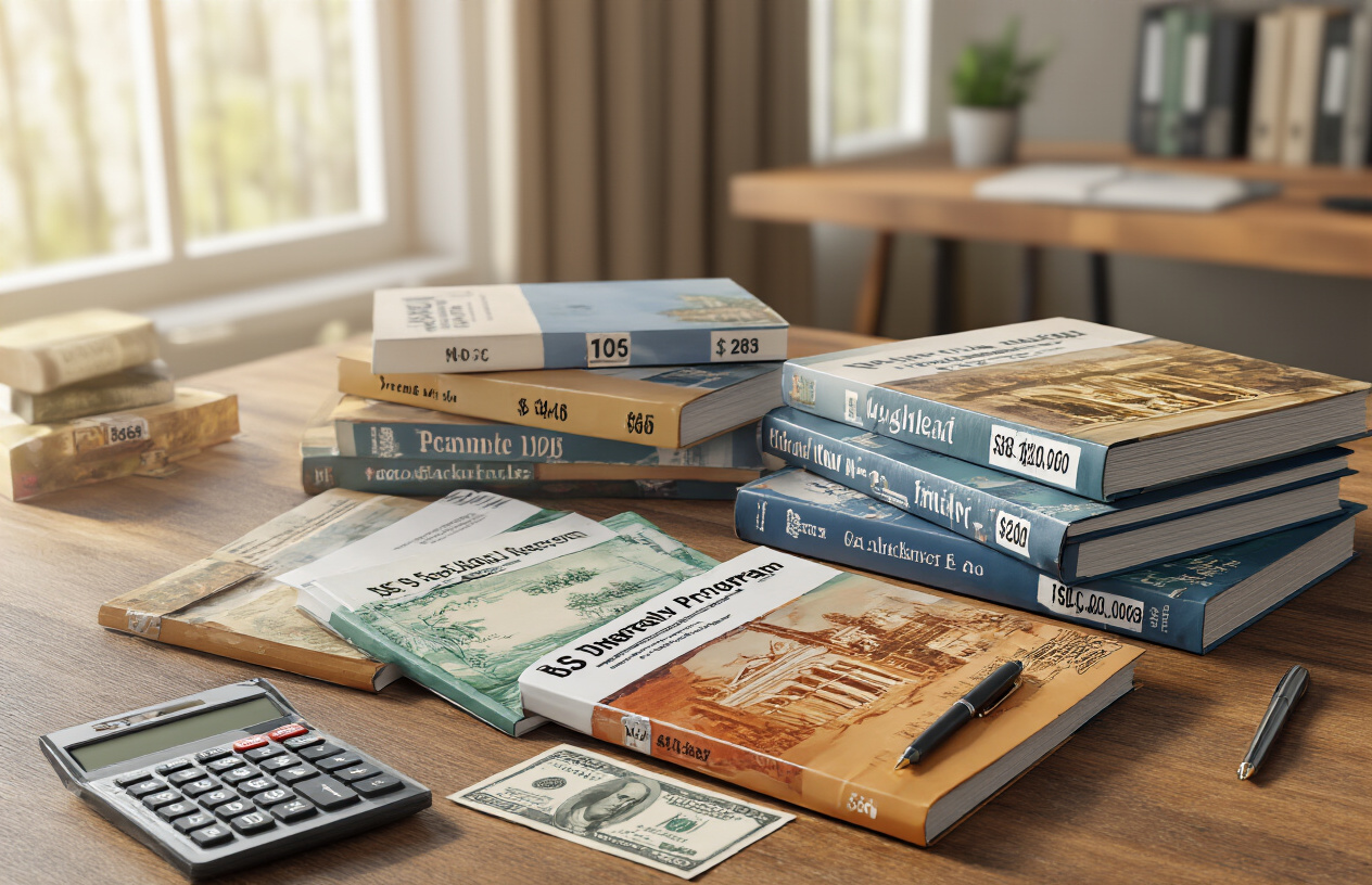 Create a realistic image of multiple university program folders or brochures spread across a wooden desk surface, each representing different BS degree programs with visible price tags or cost labels attached, alongside a calculator, Pakistani rupee currency notes, and a pen, set in a well-lit office environment with warm natural lighting from a window, absolutely NO text should be in the scene.