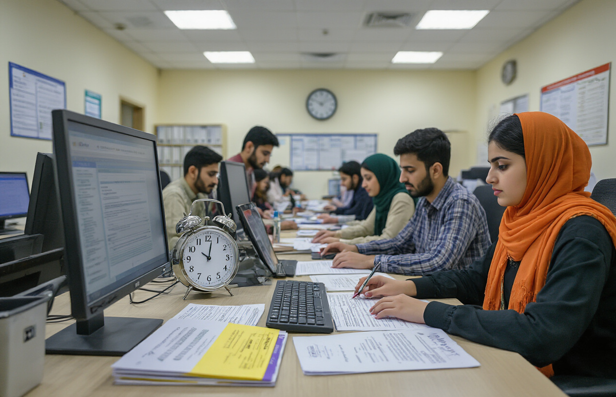 Create a realistic image of a modern university registration office scene with Pakistani students of mixed gender and ethnicity sitting at computers filling out online application forms, calendar pages showing important dates scattered on desks, clock showing deadline urgency, university administrative staff helping students, official documents and forms visible on tables, bright fluorescent office lighting, organized academic environment with filing cabinets and notice boards in background, professional and focused atmosphere, absolutely NO text should be in the scene.