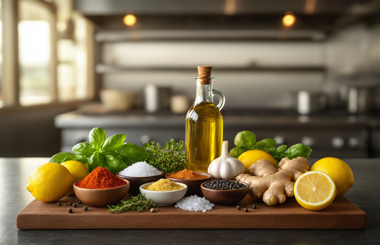 Create a realistic image of a professional kitchen scene showcasing the foundation of flavor building with various essential cooking ingredients and aromatics artfully arranged on a dark wooden cutting board, including fresh herbs like basil, thyme, and rosemary, colorful spices in small bowls such as paprika, cumin, and black peppercorns, whole garlic cloves, diced onions, fresh ginger root, sea salt crystals, olive oil in a glass bottle, and citrus fruits like lemons and limes, with warm ambient lighting casting gentle shadows across the ingredients, set against a blurred restaurant kitchen background with stainless steel surfaces, creating an inviting and professional culinary atmosphere that emphasizes the building blocks of exceptional flavor, absolutely NO text should be in the scene.