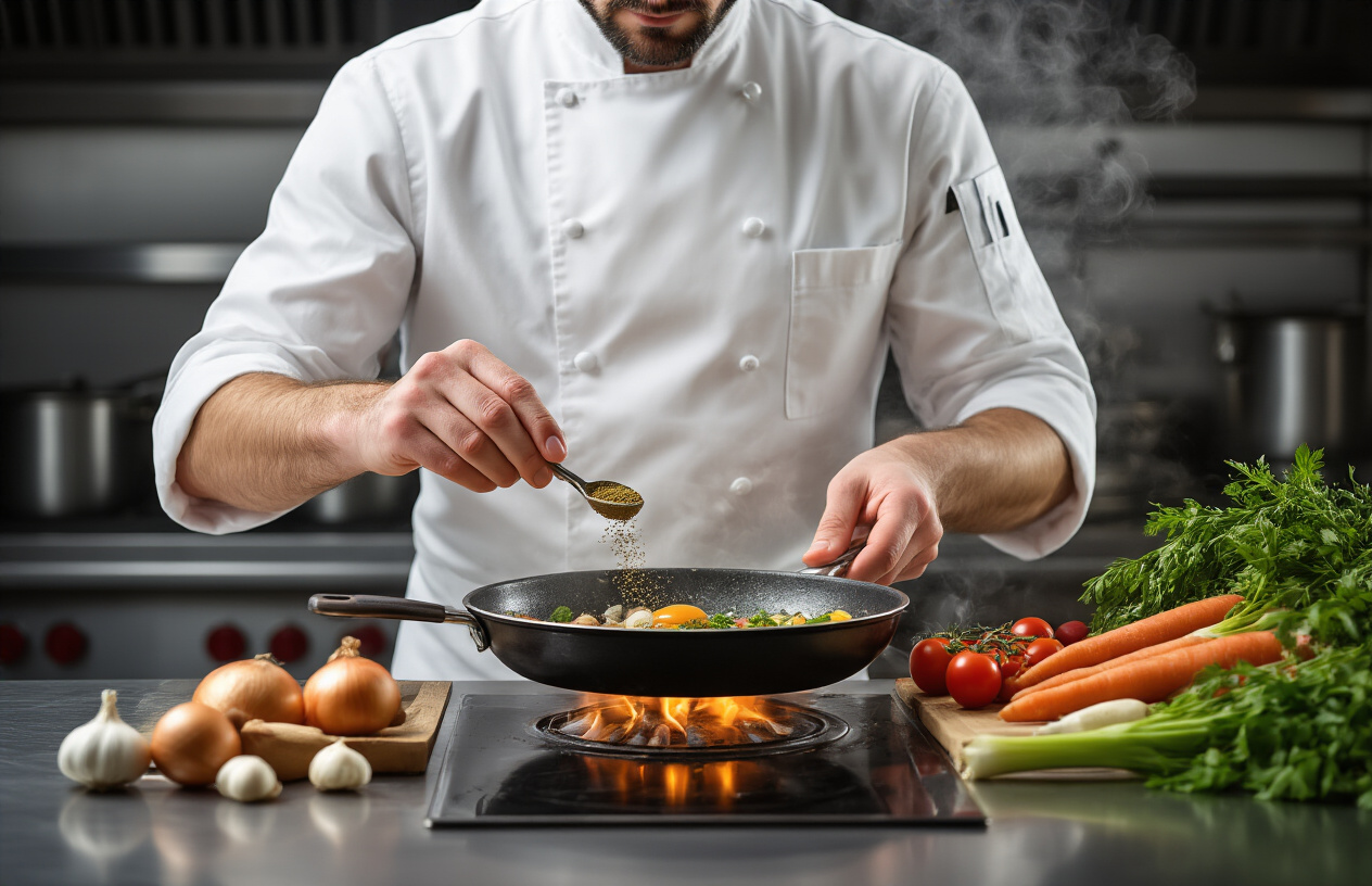 Create a realistic image of a professional kitchen scene showing a skilled white male chef in chef's whites demonstrating advanced cooking techniques, with his hands precisely seasoning ingredients over a sizzling pan, surrounded by an array of simple raw ingredients like onions, herbs, garlic, and vegetables being transformed through professional preparation methods, with dramatic kitchen lighting highlighting the transformation process, steam rising from cookware, and various professional cooking tools visible on stainless steel surfaces, capturing the artistry of elevating basic ingredients through expert culinary skills, absolutely NO text should be in the scene.