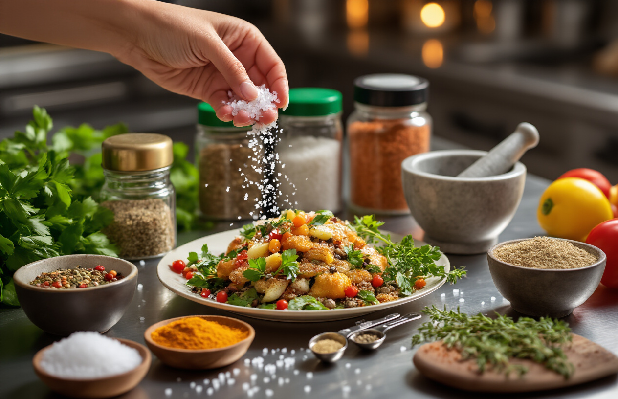 Create a realistic image of a professional kitchen scene showing various strategic seasoning techniques with salt crystals being sprinkled from fingertips onto a beautifully plated dish, colorful spice containers and fresh herbs arranged on a stainless steel counter, a mortar and pestle with ground spices, measuring spoons with different seasonings, warm kitchen lighting creating an inviting culinary atmosphere, shallow depth of field focusing on the seasoning action, absolutely NO text should be in the scene.
