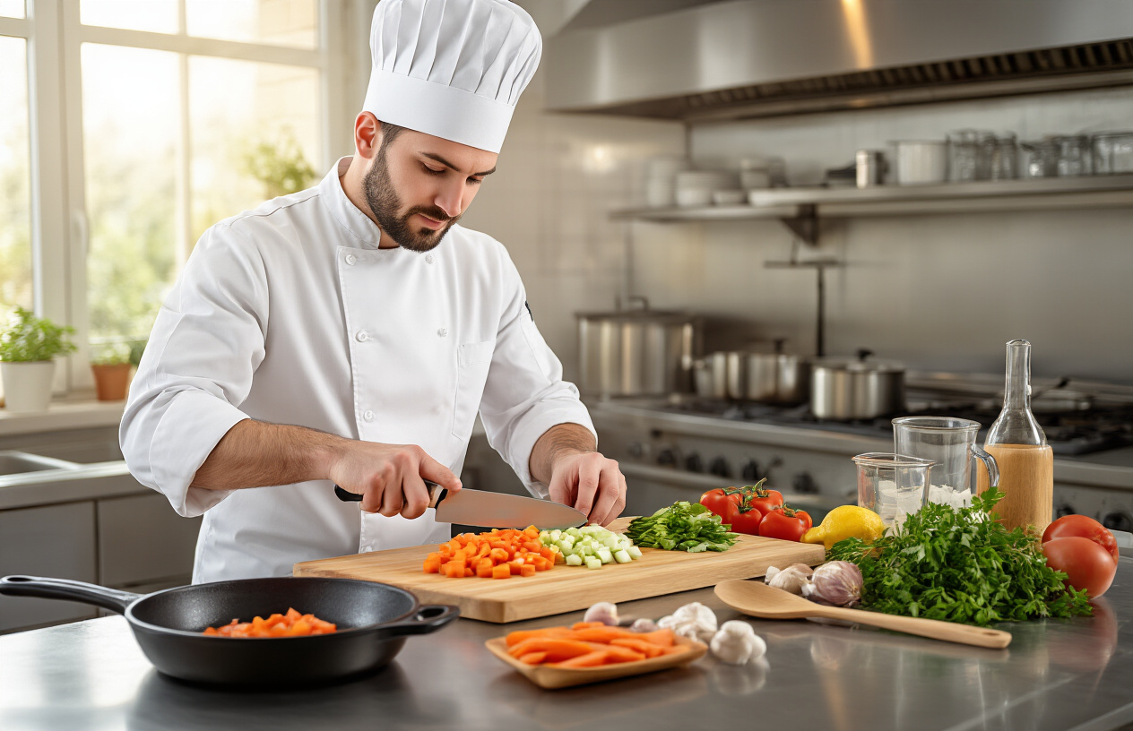 Create a realistic image of a professional kitchen scene showing fundamental cooking techniques with a white male chef in traditional white chef's coat and hat demonstrating proper knife skills while dicing vegetables on a wooden cutting board, alongside essential cooking tools like cast iron pans, wooden spoons, measuring cups, fresh herbs, and ingredients arranged on a stainless steel prep counter, with warm kitchen lighting creating an inviting culinary atmosphere that emphasizes mastery of basic cooking fundamentals, absolutely NO text should be in the scene.