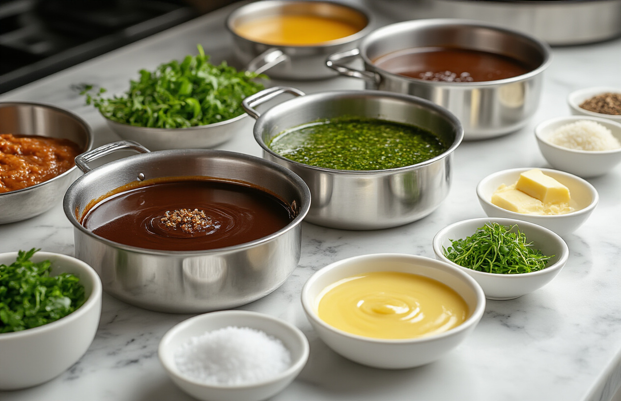Create a realistic image of a professional kitchen scene showing multiple elegant sauces being prepared and finished, with gleaming stainless steel pans containing rich, glossy sauces in various colors - deep brown demi-glace, vibrant green herb oil, golden butter sauce, and creamy white reduction - alongside small bowls of finishing ingredients like fresh herbs, microgreens, truffle shavings, and coarse sea salt, set against a clean marble countertop with soft, warm lighting that highlights the luxurious textures and appetizing appearance of the gourmet sauces, absolutely NO text should be in the scene.