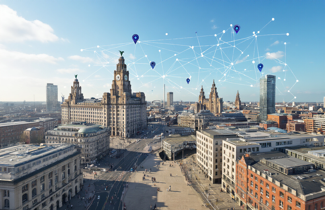 Best Targeted SEO Liverpool Local Maps Ranking Strategies For 2025 3 Create a realistic image of an aerial view of Liverpool city center showing iconic landmarks like the Royal Liver Building and Albert Dock alongside modern office buildings, with digital network connections and location pins overlaying the urban landscape, featuring a mix of historic architecture and contemporary structures under bright daylight with clear blue skies, representing the digital mapping and local business connectivity of the city's SEO landscape, absolutely NO text should be in the scene.