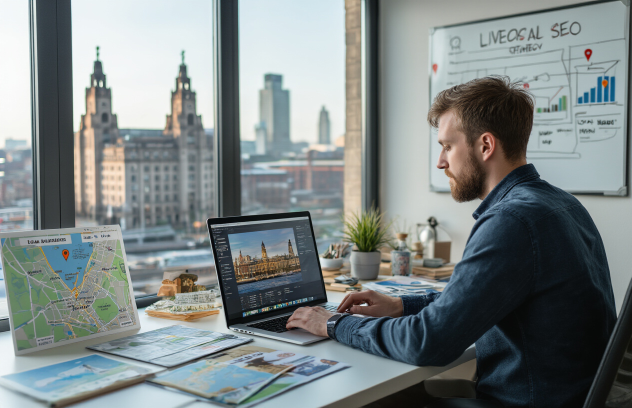 Best Targeted SEO Liverpool Local Maps Ranking Strategies For 2025 7 Create a realistic image of a modern workspace with a white male digital marketer sitting at a desk working on a laptop displaying a local SEO dashboard with Liverpool landmarks visible on screen, surrounded by location-based content materials like maps, local business directories, and neighborhood guides spread across the desk, with a large window in the background showing the Liverpool skyline including the iconic Liver Building, warm natural lighting creating a productive atmosphere, and a whiteboard on the wall showing local SEO strategy diagrams with location pins and ranking charts, absolutely NO text should be in the scene.