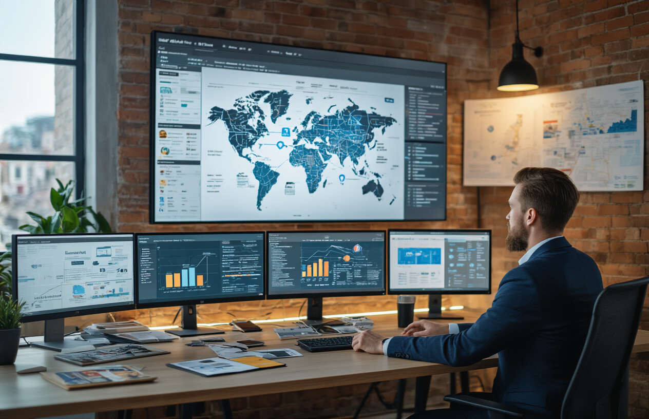 Best Targeted SEO Liverpool Local Maps Ranking Strategies For 2025 8 Create a realistic image of a modern office workspace with multiple computer monitors displaying network diagrams and website analytics, a white male professional in business attire pointing at a large wall-mounted digital map showing interconnected local business locations across Liverpool, various marketing materials and local business cards scattered on a sleek desk, warm office lighting creating a focused productive atmosphere, complementary elements include SEO charts and local directory listings visible on screens, absolutely NO text should be in the scene.