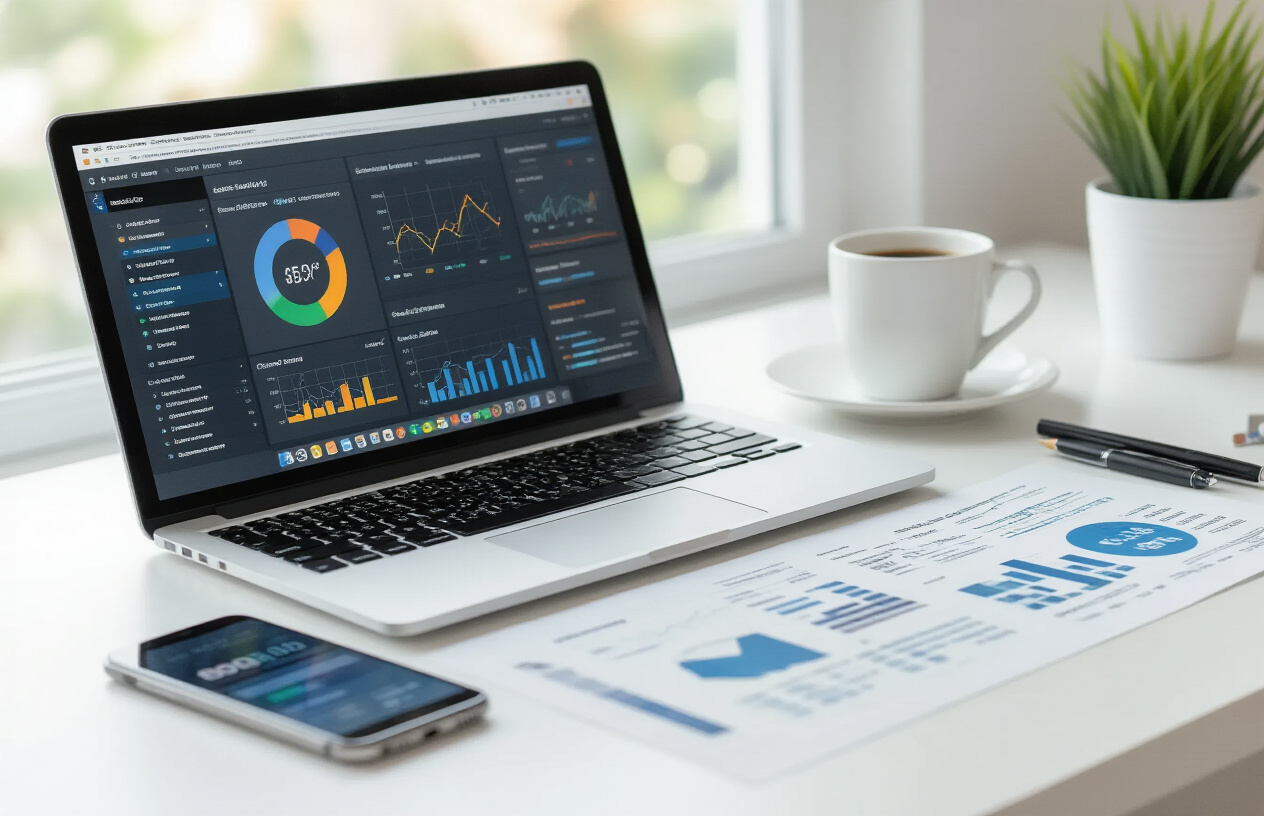 Best Targeted SEO Liverpool Local Maps Ranking Strategies For 2025 9 Create a realistic image of a modern laptop computer displaying colorful SEO analytics dashboards and local search ranking charts on the screen, positioned on a clean white desk alongside technical SEO tools like a smartphone showing Google My Business interface, scattered printed reports with graphs and data visualizations, a coffee cup, and some pens, with soft natural lighting coming from a window creating a professional workspace atmosphere focused on digital marketing and local search optimization. Absolutely NO text should be in the scene.