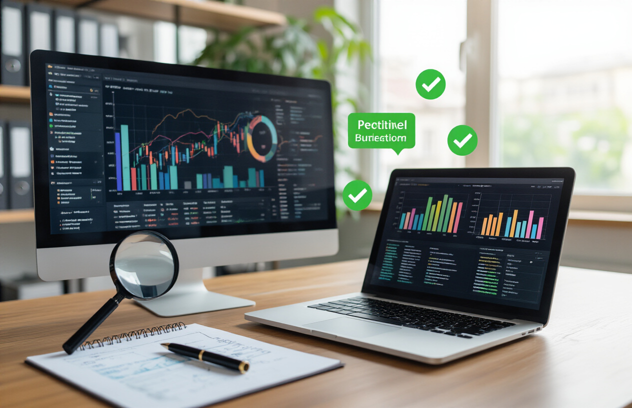 How To Should You Use Your Sitename in Keywords SEO? Better 9 Info 4 Create a realistic image of a modern office desk with a laptop computer displaying colorful upward-trending graphs and analytics charts on the screen, a notepad with handwritten keyword lists beside it, a magnifying glass highlighting website domain names, green checkmark icons floating above the workspace indicating positive benefits, warm natural lighting from a nearby window, professional business atmosphere with clean organized workspace, absolutely NO text should be in the scene.