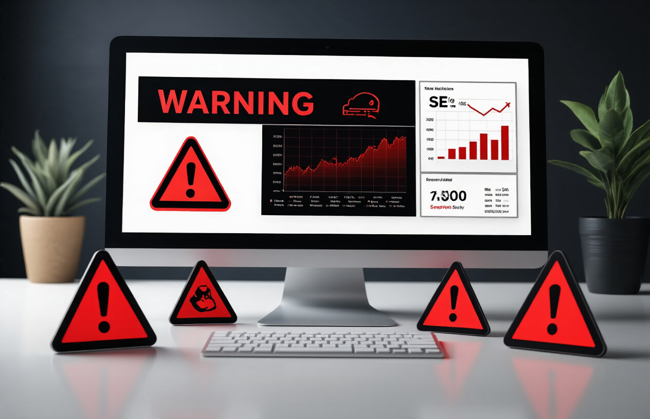 How To Should You Use Your Sitename in Keywords SEO? Better 9 Info 5 Create a realistic image of a warning concept showing red warning triangles with exclamation marks, danger symbols, and caution signs scattered around a computer monitor displaying SEO analytics dashboard with declining graphs and metrics, dark moody lighting with red accent colors creating an atmosphere of concern and risk, professional office setting with a desk setup, absolutely NO text should be in the scene.