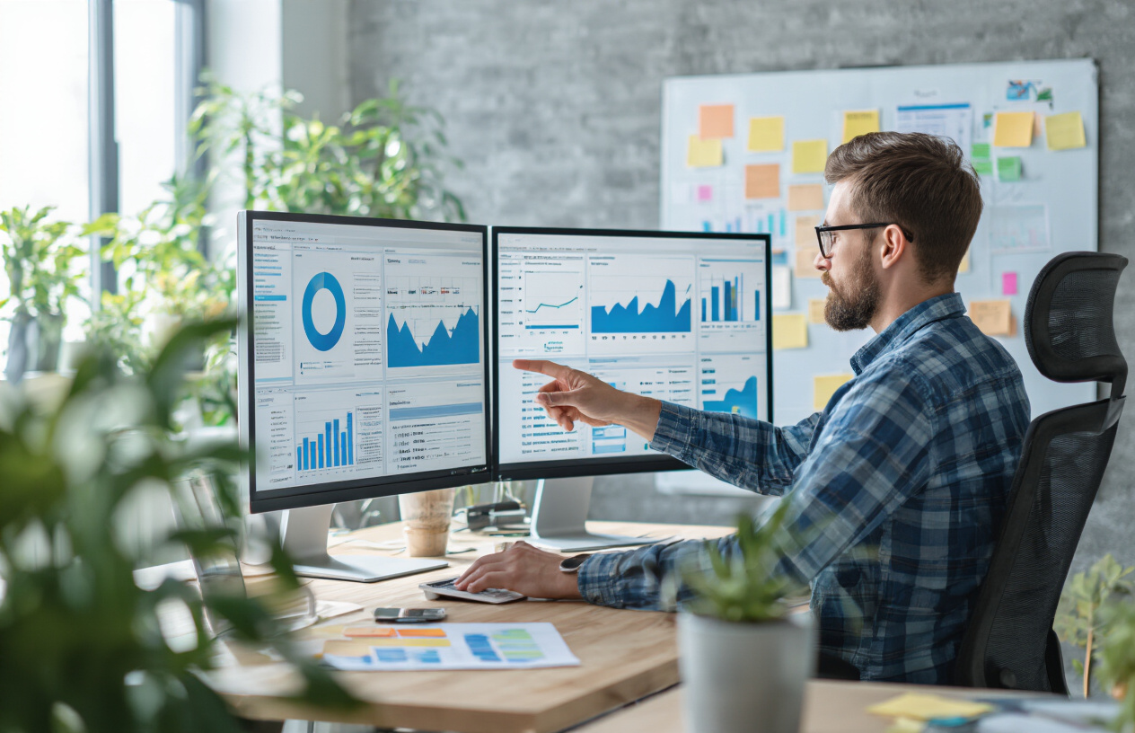 How To Should You Use Your Sitename in Keywords SEO? Better 9 Info 6 Create a realistic image of a professional white male digital marketer in his 30s sitting at a modern desk with dual monitors displaying website analytics dashboards and keyword research tools, surrounded by strategic planning elements like charts, graphs, and sticky notes on a glass board, in a bright contemporary office setting with natural lighting from large windows, showing him analyzing data with a focused expression while pointing at specific metrics on the screen that represent successful SEO strategies, with a clean minimalist background featuring plants and modern office furniture, absolutely NO text should be in the scene.