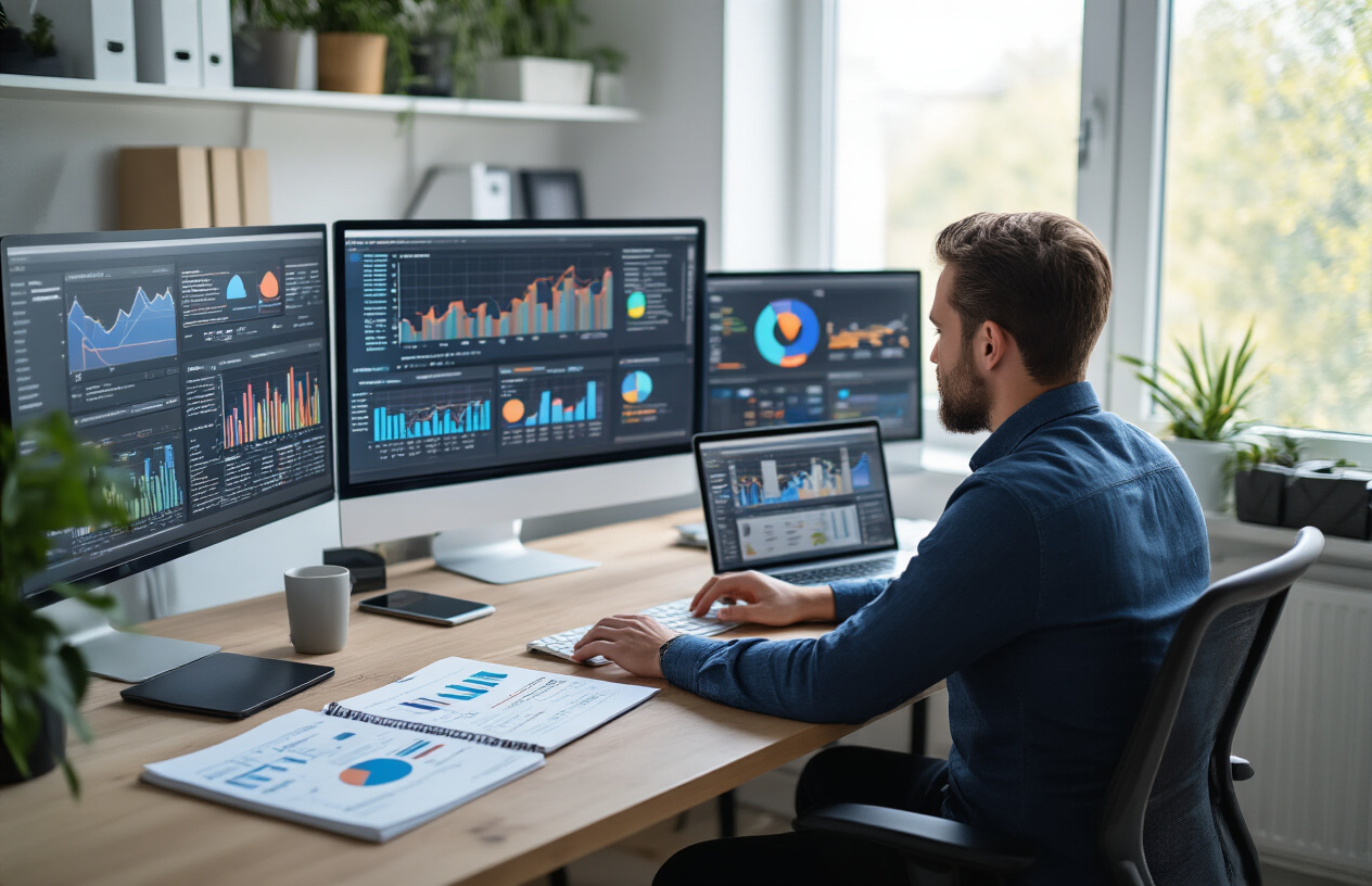 How To Should You Use Your Sitename in Keywords SEO? Better 9 Info 7 Create a realistic image of a professional SEO workspace showing a white male digital marketer in business casual attire sitting at a modern desk, analyzing website keyword data on multiple computer monitors displaying colorful analytics charts and search engine optimization dashboards, with notebooks containing handwritten SEO strategies scattered on the desk, a sleek laptop open beside printed website sitemaps, and soft natural lighting from a nearby window illuminating the organized office environment with subtle tech company branding elements in the background, absolutely NO text should be in the scene.