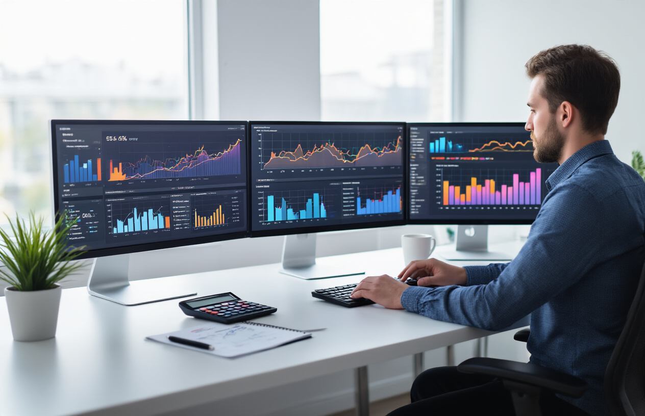 How To Should You Use Your Sitename in Keywords SEO? Better 9 Info 8 Create a realistic image of a modern office workspace with multiple computer monitors displaying colorful analytics dashboards, graphs, and performance charts with rising trend lines, a professional white male sitting at the desk analyzing SEO data on screen, calculator and notepad with pen on the desk, clean minimalist background with soft natural lighting from a window, focused and analytical mood, absolutely NO text should be in the scene.