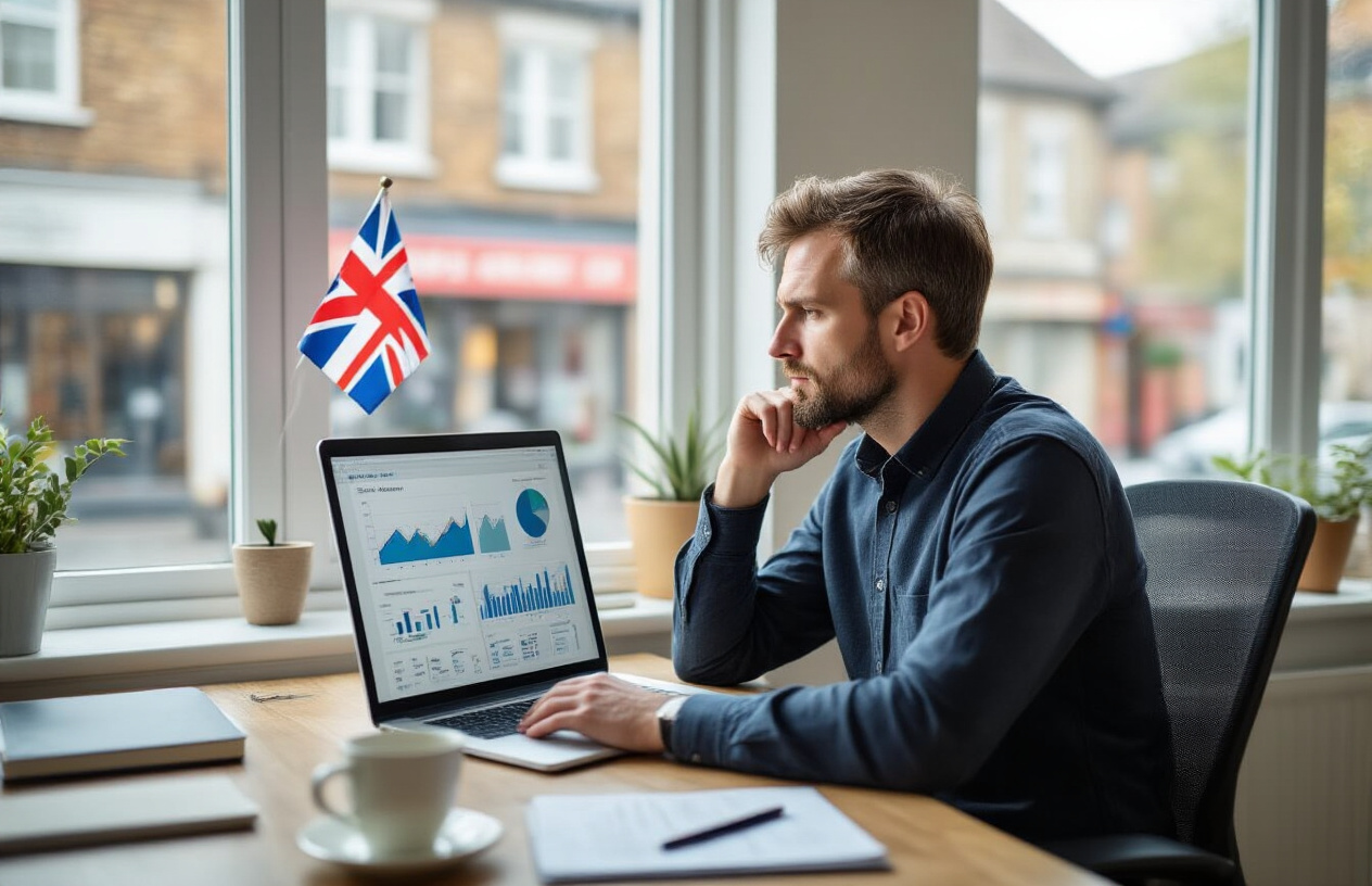 SEO Packages for Small Business UK – Affordable Options for Growth 3 Create a realistic image of a small UK business office setting with a white male business owner in his 30s sitting at a modern desk, looking thoughtfully at a laptop screen displaying website analytics charts and SEO-related graphs, surrounded by office elements like notebooks, coffee cup, and a small British flag on the desk, with warm natural lighting coming through a window showing a typical UK street view in the background, conveying a professional yet approachable atmosphere of a small business owner analyzing digital marketing needs, absolutely NO text should be in the scene.