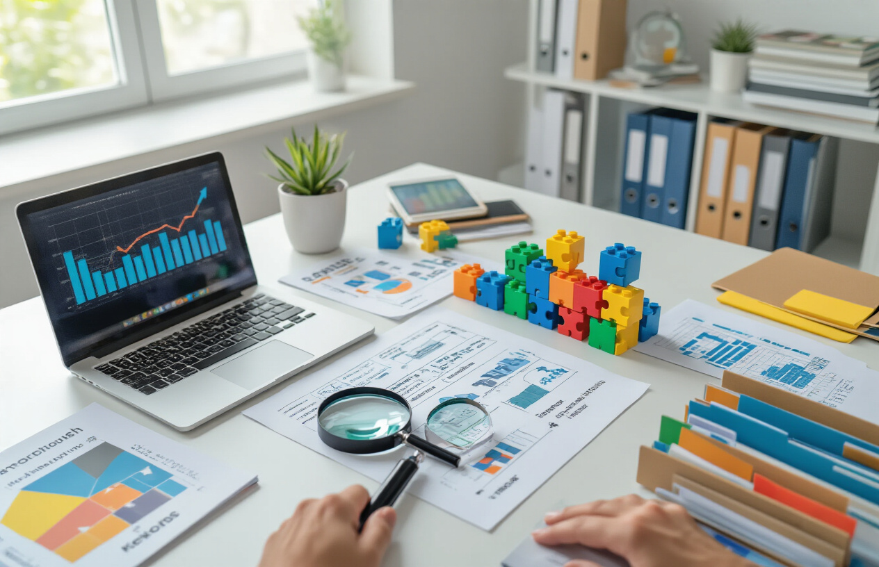 SEO Packages for Small Business UK – Affordable Options for Growth 4 Create a realistic image of a modern office desk with various SEO-related elements spread across it including colorful charts and graphs on paper documents, a laptop computer displaying website analytics, a magnifying glass positioned over keyword research data, building blocks or puzzle pieces labeled with SEO terms like "keywords," "content," and "links" arranged systematically, a smartphone showing search results, and organized file folders containing digital marketing materials, all set against a clean white office background with soft natural lighting from a window, creating a professional and organized atmosphere that represents the systematic components of SEO packages, absolutely NO text should be in the scene.