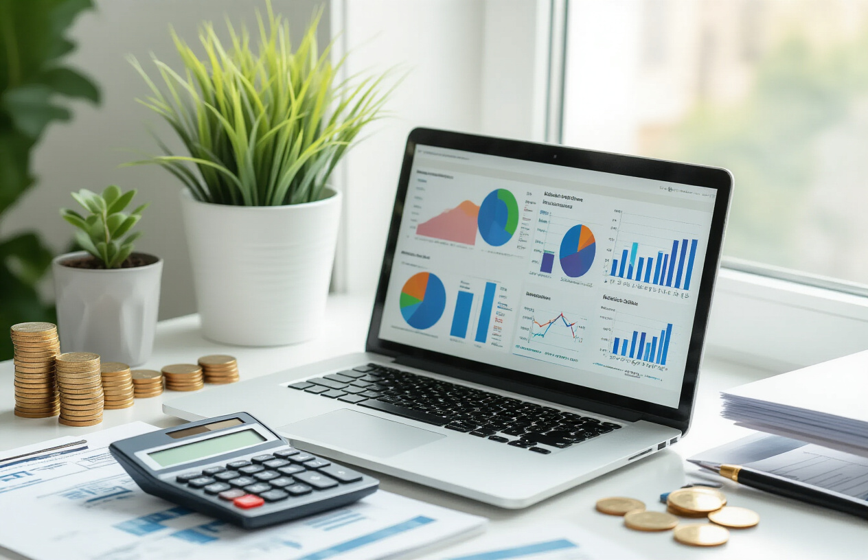 SEO Packages for Small Business UK – Affordable Options for Growth 5 Create a realistic image of a professional workspace featuring a laptop computer displaying colorful charts and graphs, surrounded by budget-friendly business elements like calculator, coins, small potted plant, and organized documents on a clean white desk, with soft natural lighting from a nearby window, conveying an affordable and organized approach to digital marketing solutions, absolutely NO text should be in the scene.