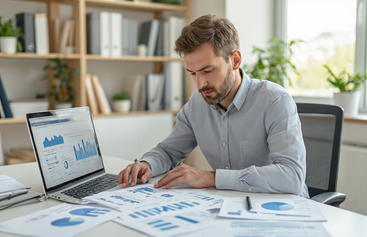 SEO Packages for Small Business UK – Affordable Options for Growth 6 Create a realistic image of a white male business owner in his 30s sitting at a modern office desk reviewing documents and comparing different SEO service proposals spread across the table, with a laptop open showing website analytics graphs, professional office environment with bookshelves and plants in the background, bright natural lighting from a window, thoughtful and focused expression as he evaluates his options, clean and organized workspace suggesting careful decision-making process, absolutely NO text should be in the scene.