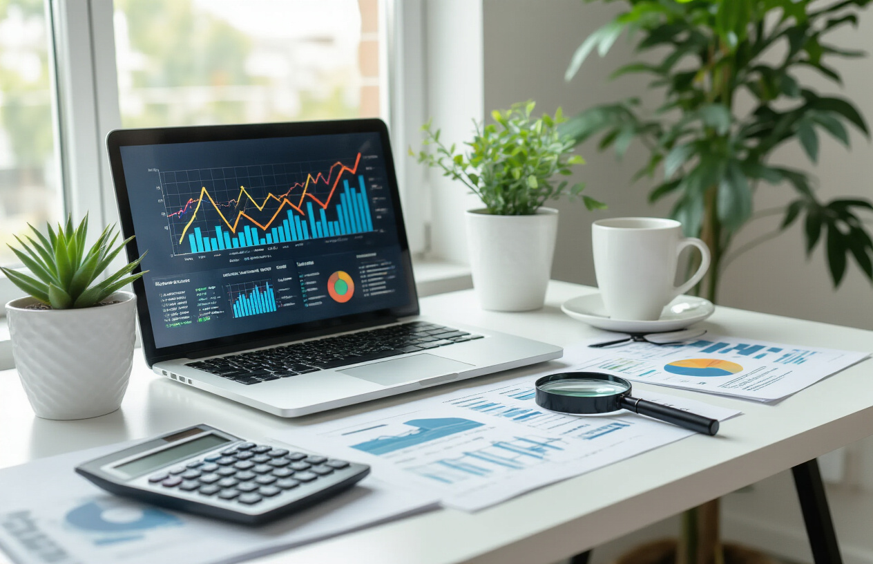 SEO Packages for Small Business UK – Affordable Options for Growth 7 Create a realistic image of a modern office workspace with a laptop displaying colorful analytics charts and graphs showing upward trending lines, surrounded by business documents, a calculator, and a magnifying glass focusing on ROI metrics, with a potted plant and coffee cup on a clean white desk, natural daylight streaming through a window creating a professional and productive atmosphere, absolutely NO text should be in the scene.