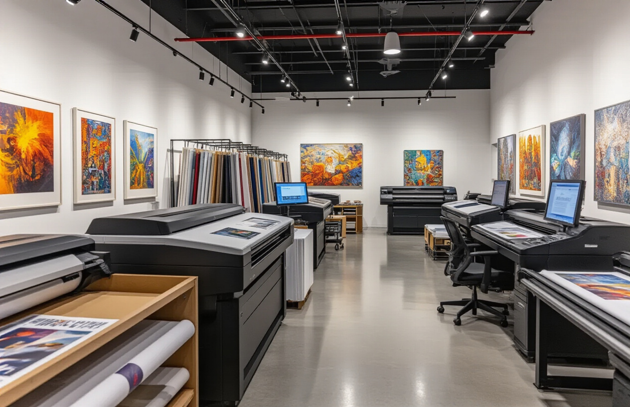 Create a realistic image of a modern professional art gallery printing room featuring high-end large format printers, fine art prints hanging on drying racks, color calibration monitors displaying artwork, professional printing equipment including plotters and digital printers, rolls of premium art paper and canvas materials, color management tools and proofing stations, clean white walls with proper gallery lighting, and a sophisticated technical workspace atmosphere with warm ambient lighting highlighting the precision printing technology. Absolutely NO text should be in the scene.