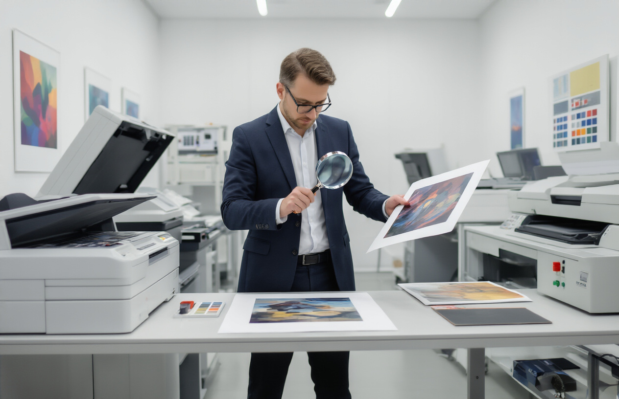 Create a realistic image of a professional white male gallery curator in a business suit carefully examining a high-quality art print with a magnifying glass, standing next to modern printing equipment and quality control stations with color calibration charts and measuring tools visible, in a clean contemporary gallery workspace with white walls and professional lighting, conveying precision and attention to detail in maintaining artistic standards, Absolutely NO text should be in the scene.