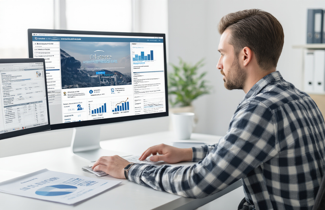 SEO for Insurance Companies and Agents – Practical Strategies to Boost Online Visibility 5 Create a realistic image of a modern office workspace featuring a computer monitor displaying a website interface with SEO optimization elements like meta tags, header tags, and page structure being edited, a white male professional in his 30s working at the desk with insurance-related documents and charts visible nearby, clean minimalist office background with natural lighting from a window, focus on the technical aspects of website optimization with insurance company branding elements subtly incorporated into the scene, professional and focused atmosphere, absolutely NO text should be in the scene.