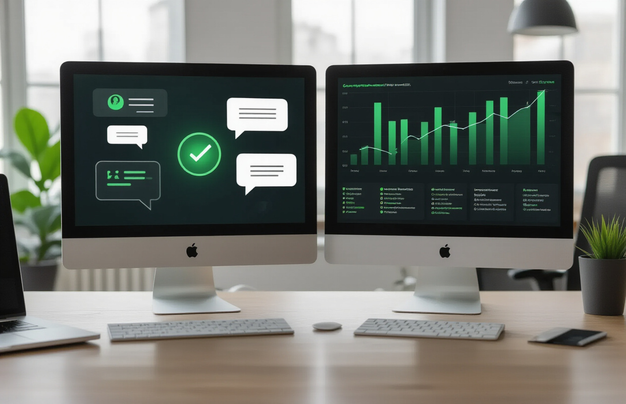 Should SEO Allow Post Comments or Not – A Complete Guide for Website Owners 3 Create a realistic image of a split-screen composition showing two contrasting scenarios: on the left side, a website interface with visible comment bubbles and engagement indicators glowing in green with upward trending arrow graphics, and on the right side, the same website interface but cleaner without comments and showing neutral performance metrics, both displayed on modern computer monitors in a professional office setting with soft natural lighting from a window, creating a comparison atmosphere that illustrates the impact analysis concept, absolutely NO text should be in the scene.
