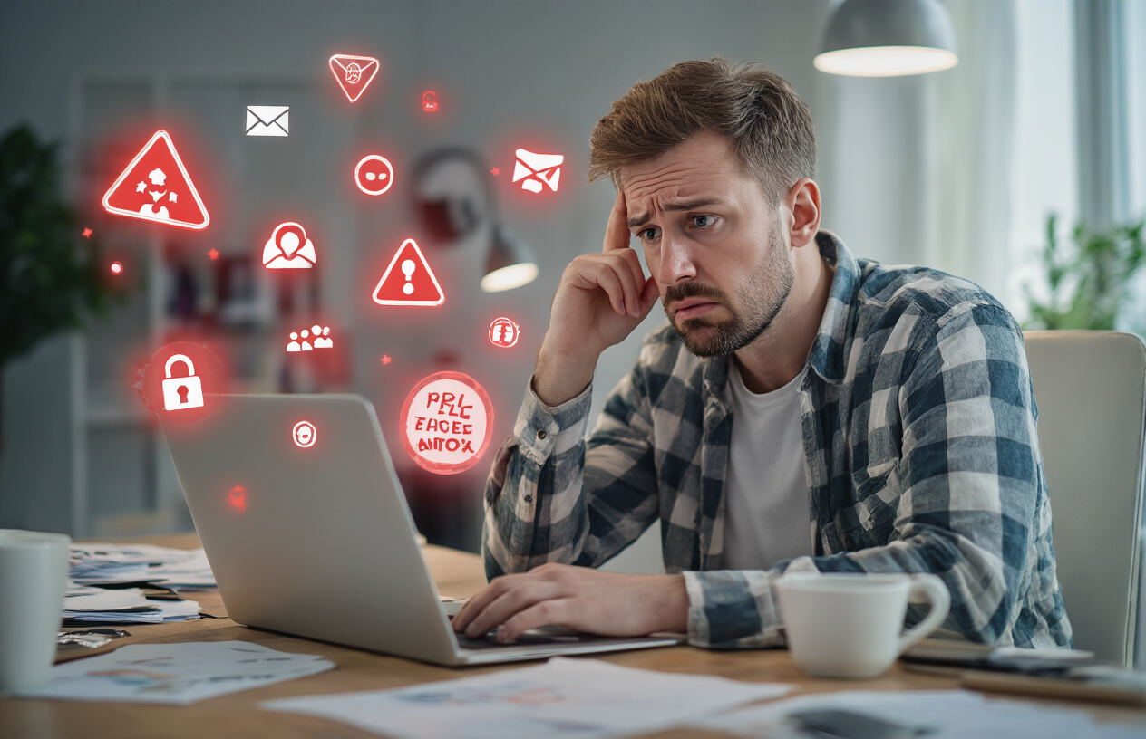 Should SEO Allow Post Comments or Not – A Complete Guide for Website Owners 5 Create a realistic image of a concerned white male website owner sitting at a modern desk looking worriedly at his laptop screen, with warning symbols and red alert icons floating above the computer representing spam, trolls, and security threats, surrounded by a cluttered office environment with scattered papers and coffee cup, under soft overhead lighting creating a tense atmosphere, absolutely NO text should be in the scene.