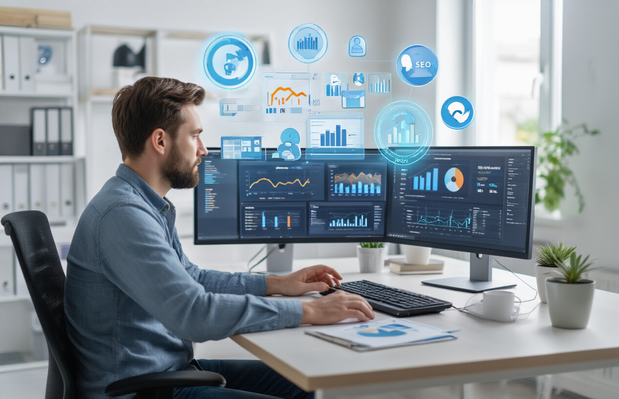 Should SEO Allow Post Comments or Not – A Complete Guide for Website Owners 6 Create a realistic image of a modern office workspace showing a white male website owner in his 30s sitting at a desk with dual monitors displaying website analytics dashboards and comment moderation interfaces, with floating holographic icons representing SEO elements like search rankings, engagement metrics, and comment approval symbols, surrounded by organized digital marketing tools, charts showing website traffic growth, and a clean minimalist background with soft natural lighting from a nearby window, conveying a professional and successful digital management atmosphere, absolutely NO text should be in the scene.