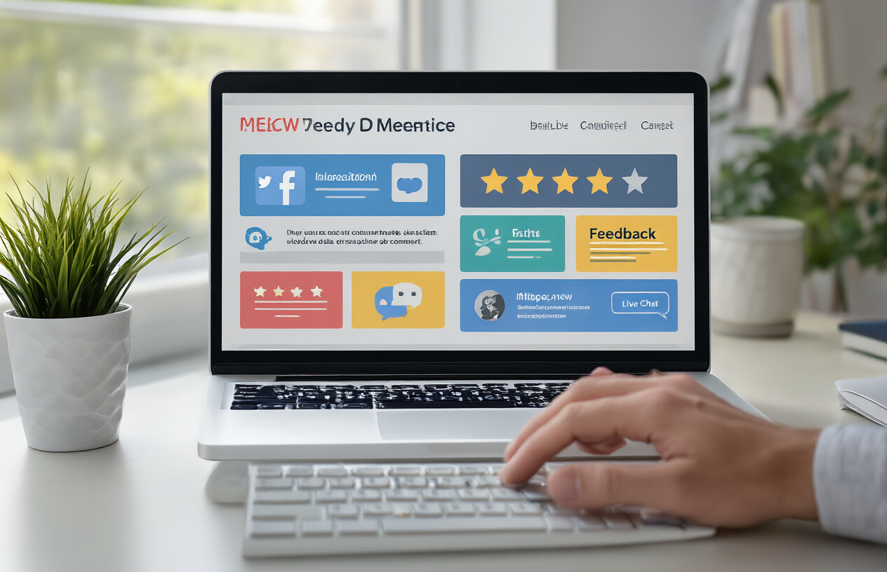 Should SEO Allow Post Comments or Not – A Complete Guide for Website Owners 7 Create a realistic image of a modern website interface mockup displayed on a laptop screen showing various interactive engagement features like social media integration buttons, rating stars, feedback forms, and live chat widgets as alternatives to traditional comment sections, with a clean desk setup including a white male web developer's hands typing on the keyboard, soft natural lighting from a window, professional office environment in the background, focus on the screen displaying colorful UI elements representing different communication tools, absolutely NO text should be in the scene.