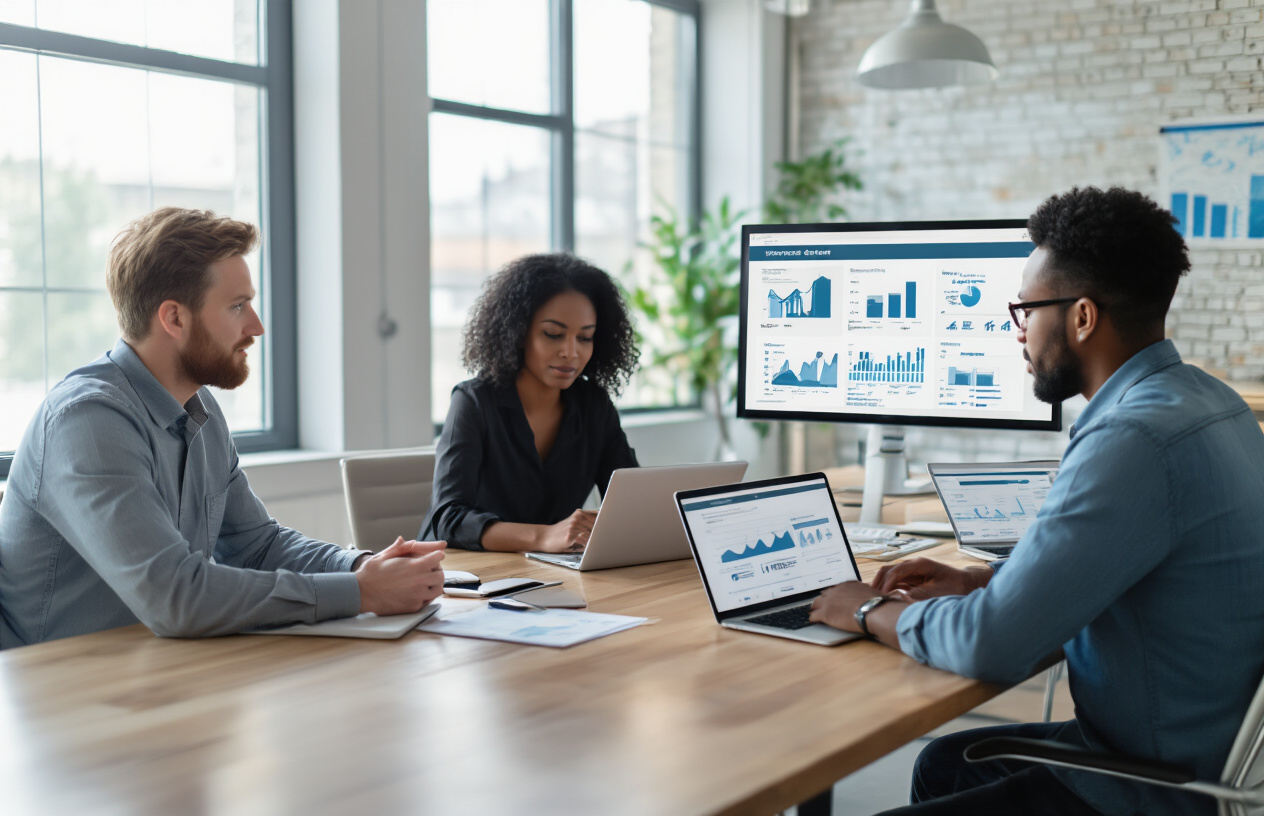 Should SEO Allow Post Comments or Not – A Complete Guide for Website Owners 8 Create a realistic image of a diverse group of website owners sitting around a modern conference table, including a white male, black female, and Asian male, all looking thoughtfully at laptops and tablets displaying different website layouts, with charts and website analytics visible on screens, in a bright contemporary office setting with natural lighting from large windows, conveying a decision-making atmosphere as they evaluate different website strategies, absolutely NO text should be in the scene.