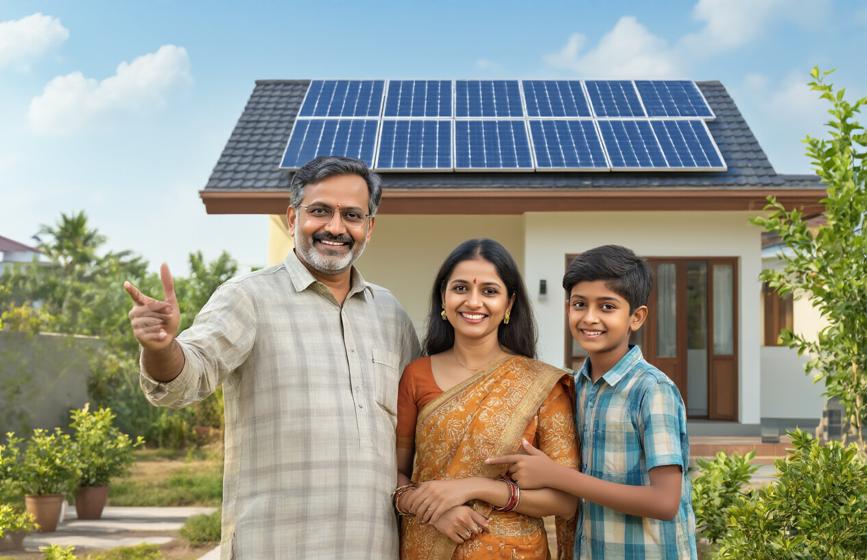Create a realistic image of an Indian family consisting of a middle-aged Indian male and female with their two children standing in front of their modern house with solar panels installed on the rooftop, bright sunlight illuminating the solar panels, lush green surroundings with traditional Indian architecture elements visible in the background, clear blue sky, the family looking satisfied and content while pointing toward the solar installation, warm natural lighting creating a positive and eco-friendly atmosphere, absolutely NO text should be in the scene.
