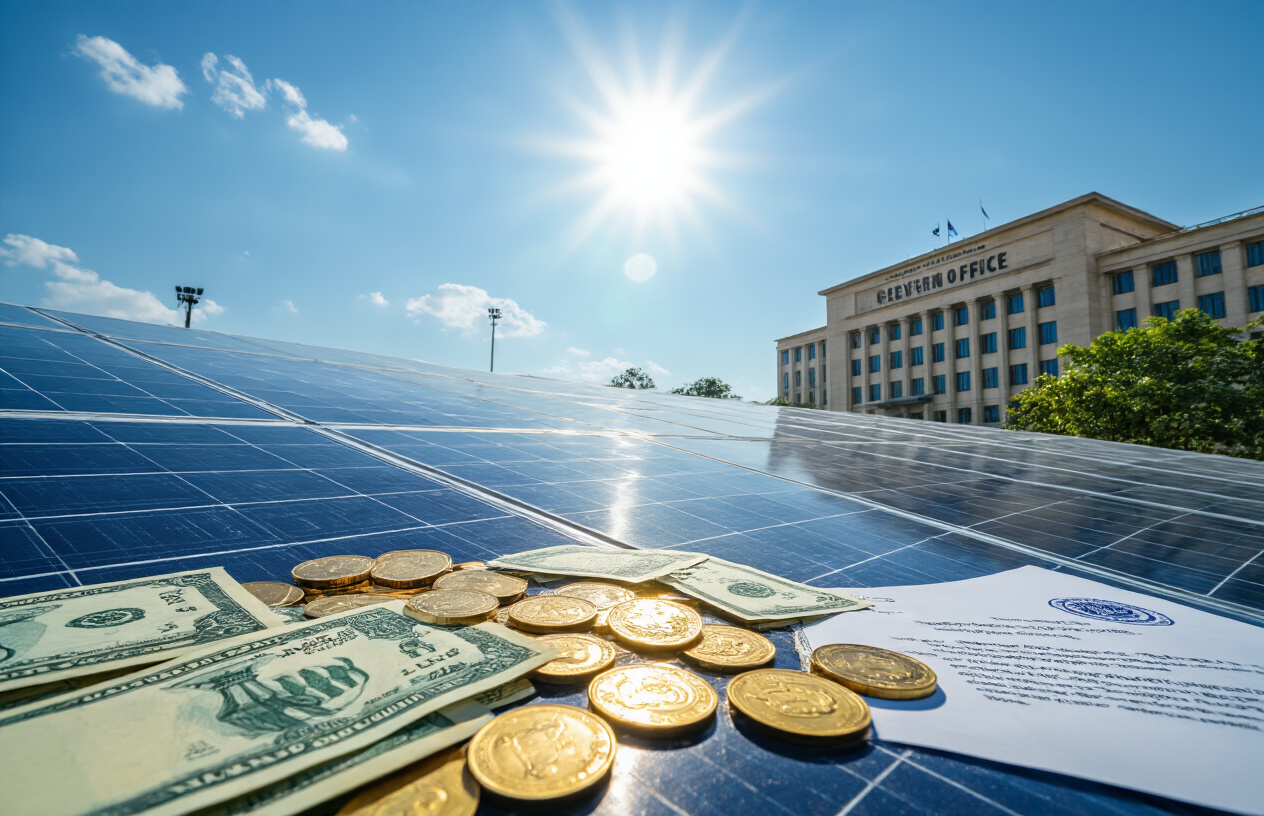 Create a realistic image of Indian rupee banknotes and coins scattered around solar panels with a government office building in the background, featuring a clear blue sky, bright sunlight illuminating the solar panels, and some official documents with government seals visible nearby, conveying an atmosphere of financial support and clean energy investment in India. Absolutely NO text should be in the scene.