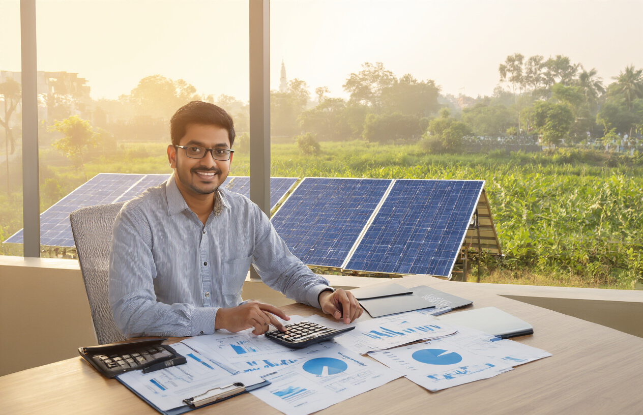 Create a realistic image of an Indian male financial advisor in his 30s sitting at a modern desk with a calculator, financial charts, and documents spread out, with solar panels visible through a large window in the background showing a sunny Indian landscape, warm natural lighting illuminating the indoor workspace, conveying a professional consultation atmosphere about solar investment calculations, absolutely NO text should be in the scene.